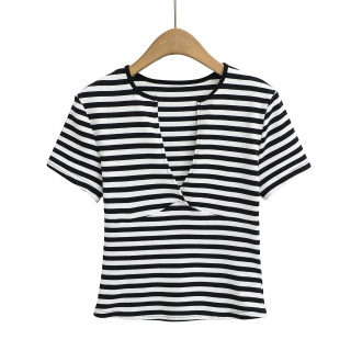 Sexy Deep V-Neck Striped T-Shirt | Women's Short Sleeve 6