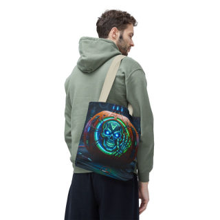 Cyber Pumpkin Skull Tote Bag | Neon Sci-Fi Halloween Tote 85