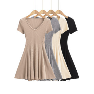 V-Neck Short Sleeve Knitted A-Line Dress