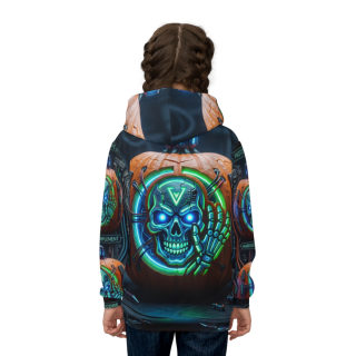 Neon Cyberpunk Pumpkin Skull Kids Hoodie 5