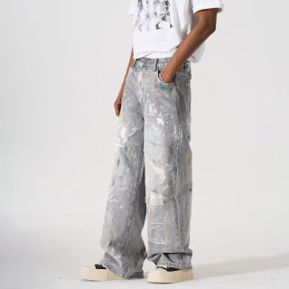 Loose Straight-Leg Washed Denim Pants | Men's Graffiti Ripped 4