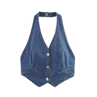 Denim Halter Vest & Mini Skirt Set | Women's V-Neck 2