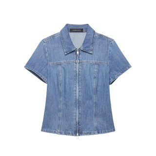 Western-Style Zip-Up Denim Shirt for Women