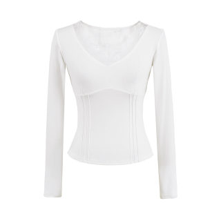 Lace Hollow Splicing V-Neck Long Sleeve T-Shirt 4