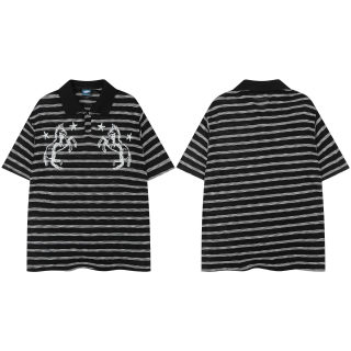 Men's Striped Turn-Down Collar T-Shirt | Loose Embroidered 5