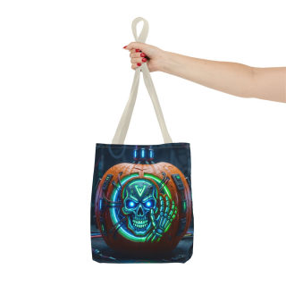 Cyber Pumpkin Skull Tote Bag | Neon Sci-Fi Halloween Tote 55