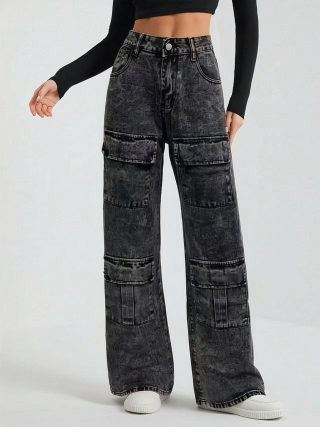 Vintage Washed Straight-Leg Cargo Jeans with Pockets and Patchwork 6