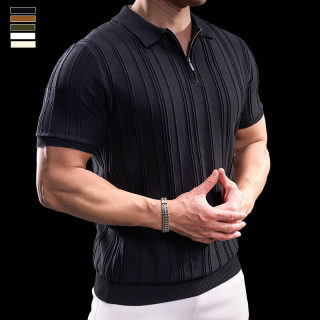 Striped Half-Zip Knit Polo Shirt for Men | Short Sleeve Flip Collar 2
