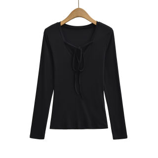 Deep V-Neck Tied Long Sleeve T-Shirt 6