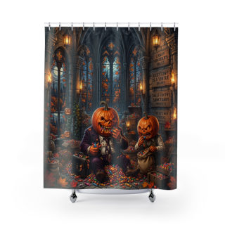 Pumpkin-Head Trick or Treaters Shower Curtain | Halloween Spooky Chapel 2