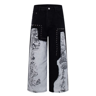 Men's Beaded Splicing Graffiti Print Jeans