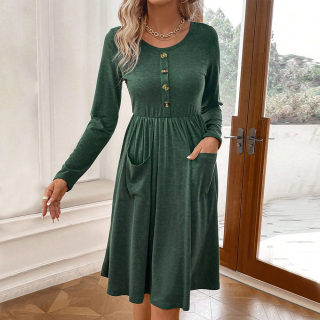 Waist-Cinched Round Neck A-Line Knit Dress | Long Sleeve with Pockets 3