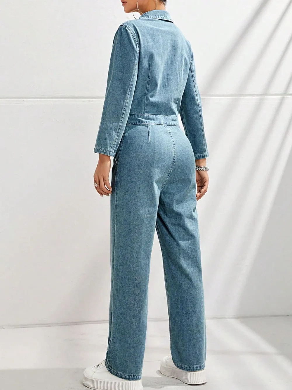 Half Button Straight Leg Denim Jumpsuit | Long Sleeve 2
