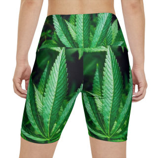Green Cannabis Leaf Pattern Women's Workout Shorts | All-Over Print 4
