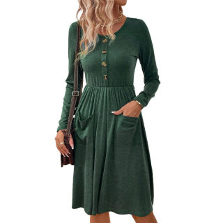 Waist-Cinched Round Neck A-Line Knit Dress | Long Sleeve with Pockets 5