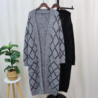 Long Over-Knee Pocket Knit Cardigan for Women | Lazy Style Diamond Pattern