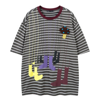 Retro Striped Cartoon Letter Print T-Shirt 2