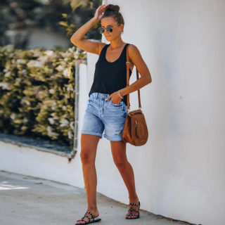 High-Waisted Fringed Distressed Denim Shorts for Women | Straight-Leg Casual 2