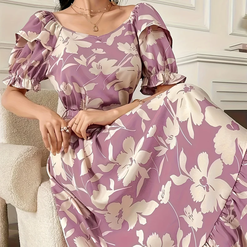 Wefads Women's Elegant Summer Maxi Dress | Puff Sleeve Lace-Up Printed 2