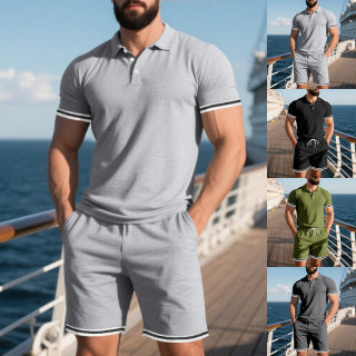 Men's Sport Two-Piece Set | Short Sleeve Top & Shorts, Lapel Buckle