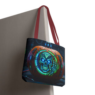 Cyber Pumpkin Skull Tote Bag | Neon Sci-Fi Halloween Tote 95