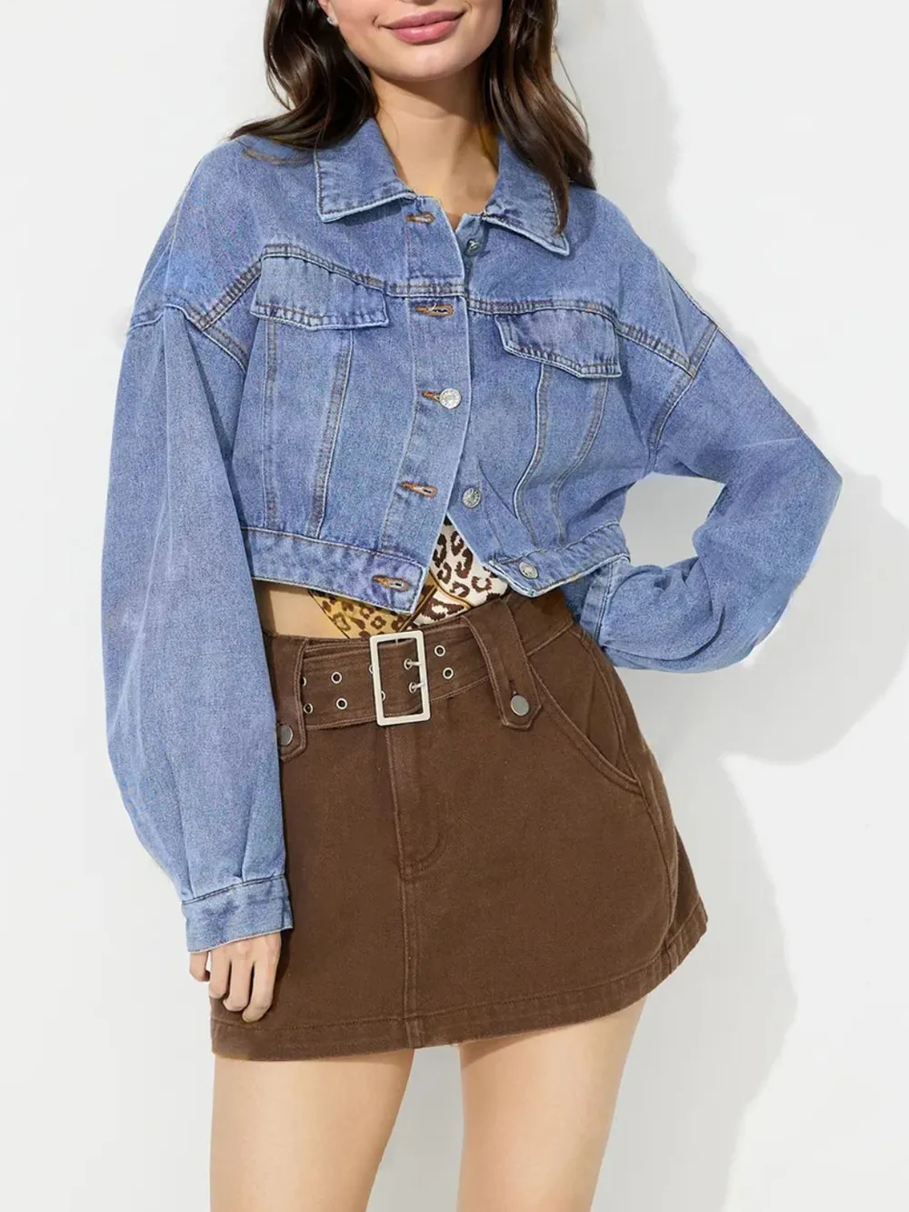 Collared Dropped Shoulder Cropped Denim Top