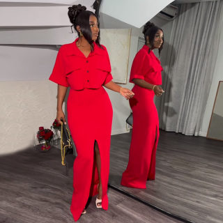 Summer Collared Shirt Top and Wrap Skirt Set 4