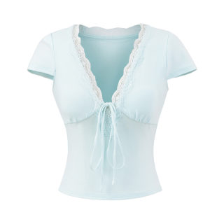 Lace V-Neck Short Sleeve Top with Padded Cups 2