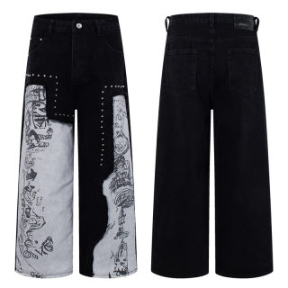 Men's Beaded Splicing Graffiti Print Jeans 5