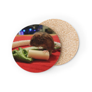 Mouse Eating Cheese Coaster | Round Cork-Backed Drink Coaster, Cute Rodent Photo