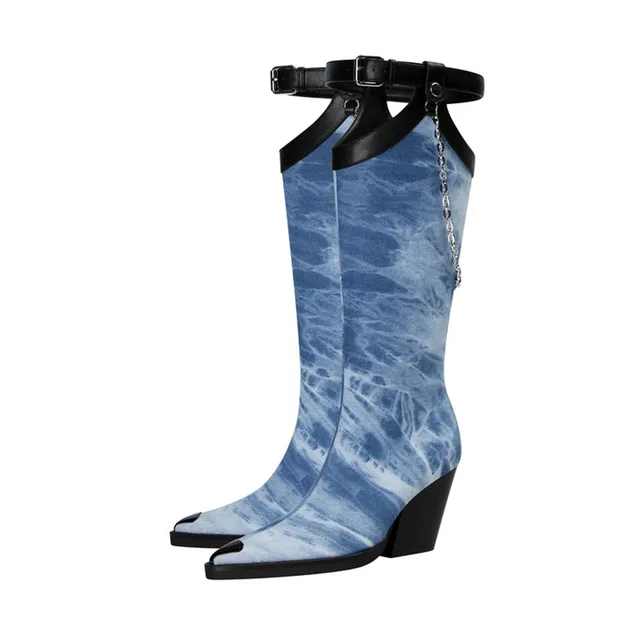 Pointed Toe Chain Buckle High Heel Knee-Length Boots for Women 5