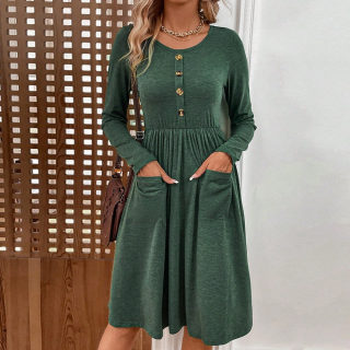 Waist-Cinched Round Neck A-Line Knit Dress | Long Sleeve with Pockets