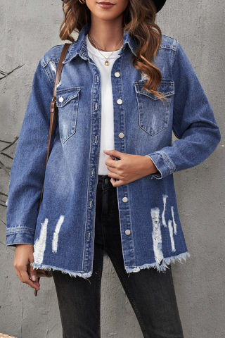 Blue Distressed Denim Jacket with Front Pockets 6