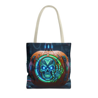 Cyber Pumpkin Skull Tote Bag | Neon Sci-Fi Halloween Tote 11