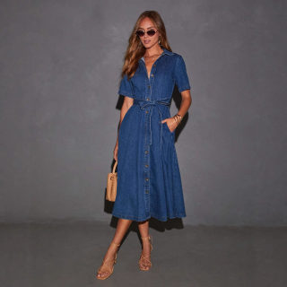 Vintage V-Neck Tie-Front Denim Dress 3