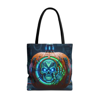 Cyber Pumpkin Skull Tote Bag | Neon Sci-Fi Halloween Tote 3