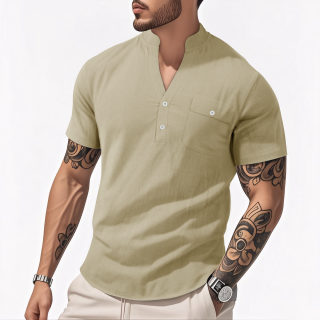 Men's Casual Cotton-Linen Short Sleeve Shirt | Stand Collar Henley