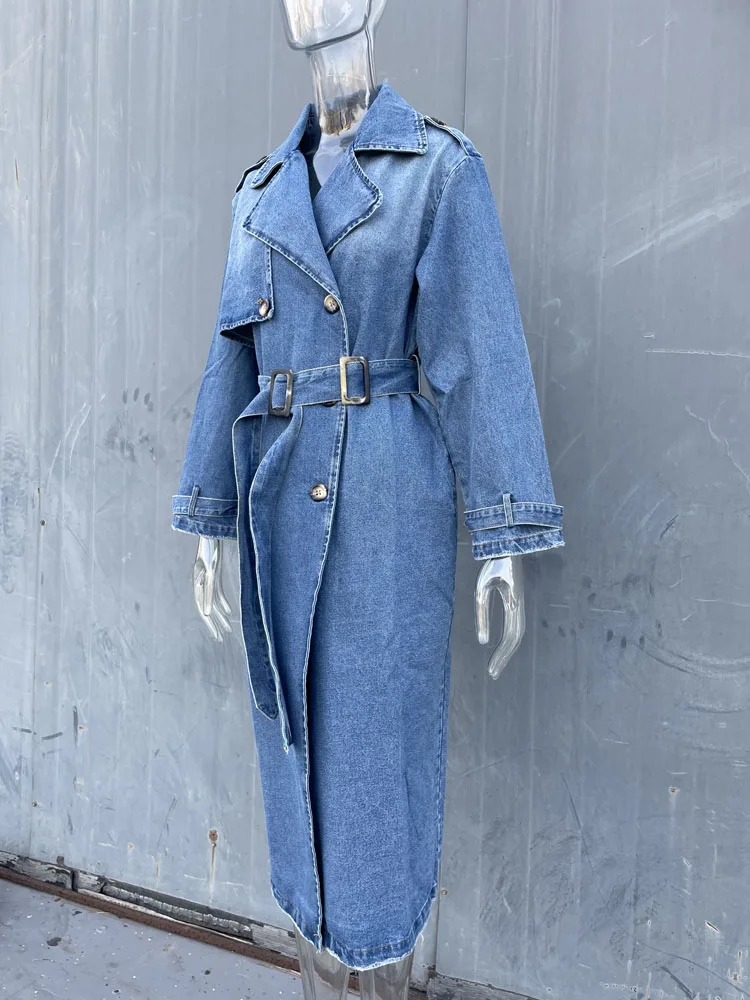 Long Denim Trench Coat for Women | Belted Waist Slim Jean Jacket 3