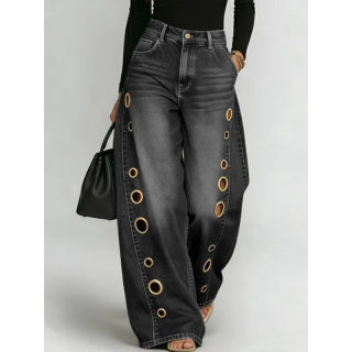 Women's Metal Eyelet Wide-Leg High-Waisted Jeans 5