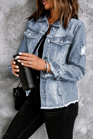 Sky Blue Lapel Collar Distressed Denim Jacket, Raw Hem 5
