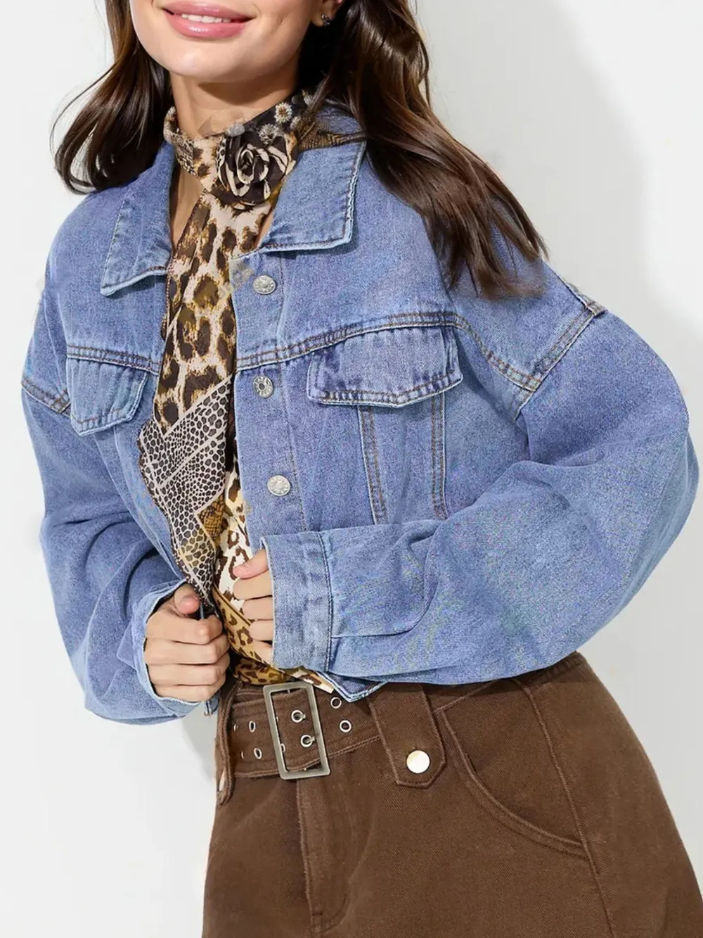 Collared Dropped Shoulder Cropped Denim Top 3