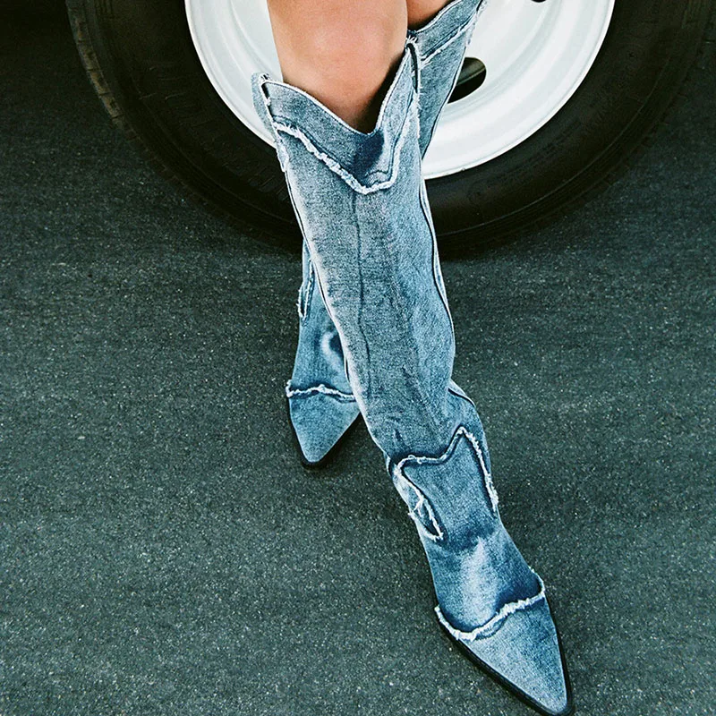 Side-Zip Denim Knee-High Boots for Women | Pointed Toe Western Style 5