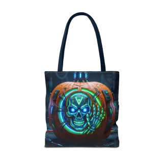 Cyber Pumpkin Skull Tote Bag | Neon Sci-Fi Halloween Tote 30