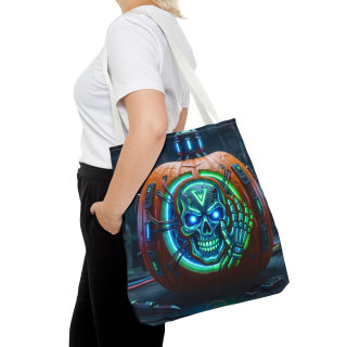Cyber Pumpkin Skull Tote Bag | Neon Sci-Fi Halloween Tote 54