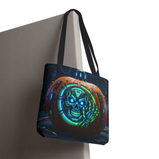 Cyber Pumpkin Skull Tote Bag | Neon Sci-Fi Halloween Tote 107