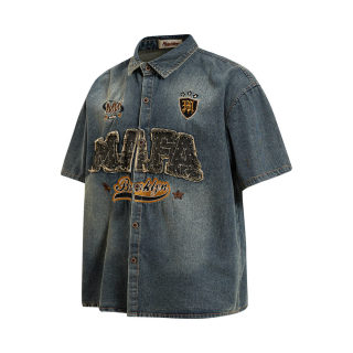 Embroidered Letter Denim Short Sleeve Shirt 5