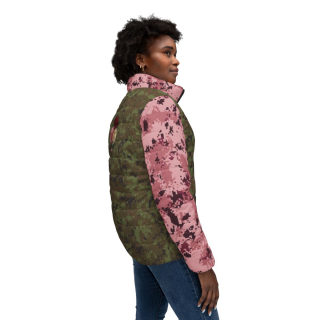 Green & Pink Camo Puffer Jacket with Rose Bouquet Print 6