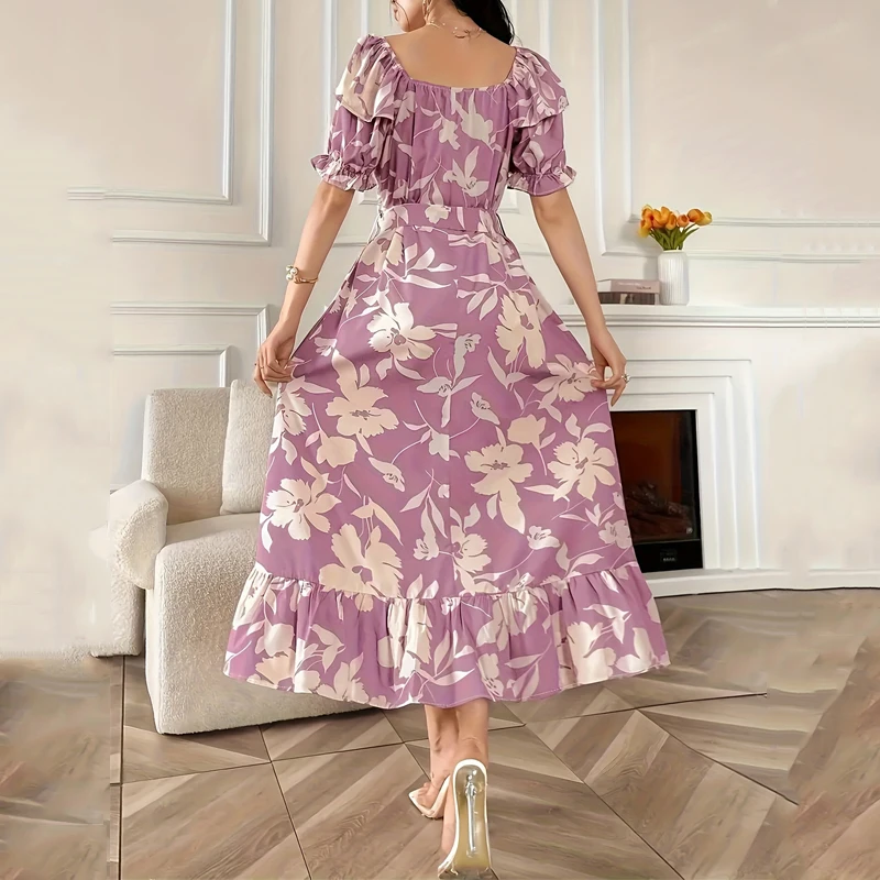 Wefads Women's Elegant Summer Maxi Dress | Puff Sleeve Lace-Up Printed