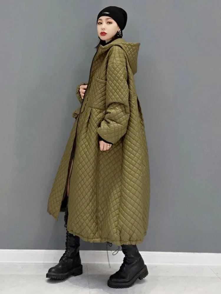 Hooded Parka | Solid Color Long Large Size Diamond Lattice Zipper A-Line 2