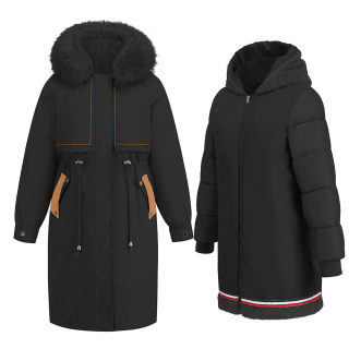 Cotton Winter Coat | Long Warm Zipper Jacket with Wool Collar, 2-Piece